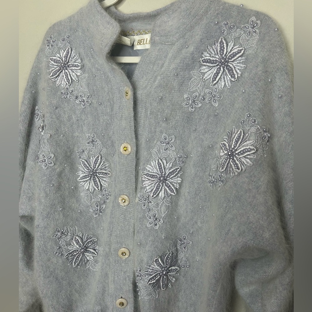 Vintage Pastel Blue Angora Rabbit Hair Lamb Wool Pearl Beaded Cardigan Sweater L - Picture 8 of 10